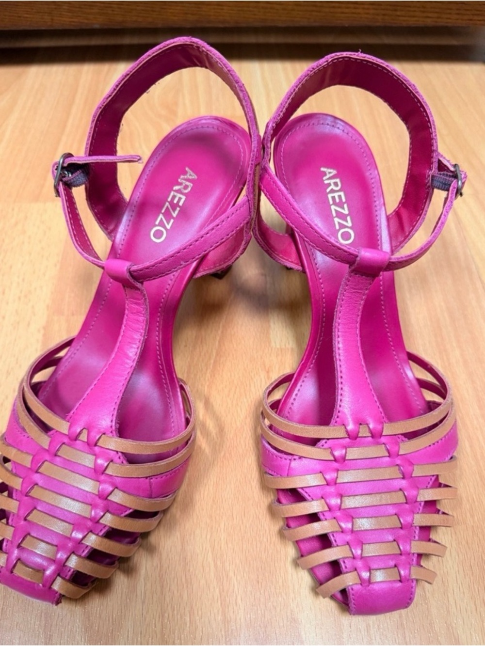 Arezzo Women's Fuchsia and Tan Woven T-Strap Sandals